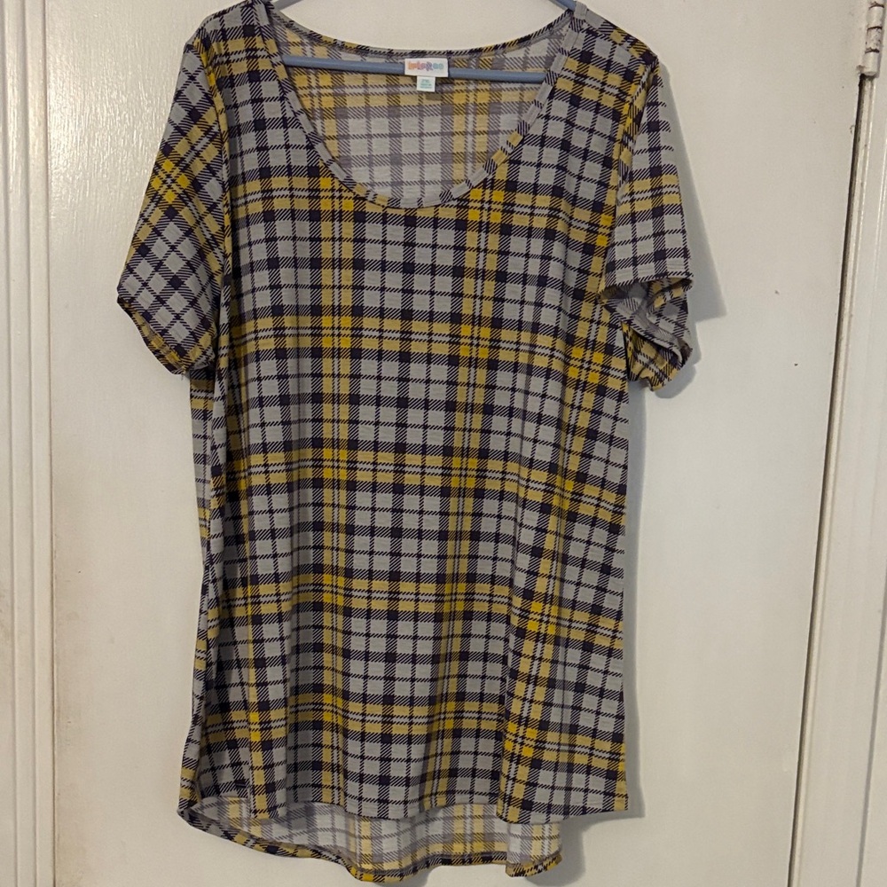 LuLaRoe Yellow and Gray Plaid Short Sleeve Top